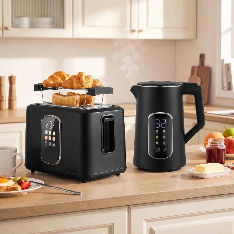 HOMCOM Kettle and Toaster Set with LED Touch Screen, Kettle with Strix Thermostat, 2 Slice Toaster w/ 6 Browning Levels, Black