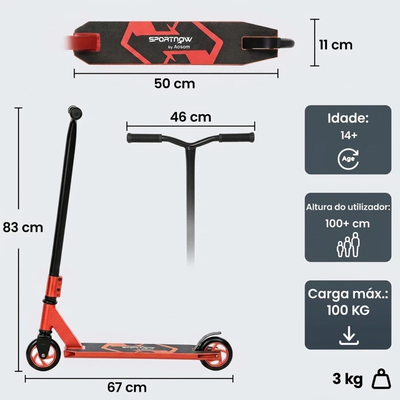 SPORTNOW Trotinete Acrobática para Truques com Plataforma em Alumínio, Rolamentos ABEC-7, Rodas de 110 mm e Guiador 360°, Vermelha