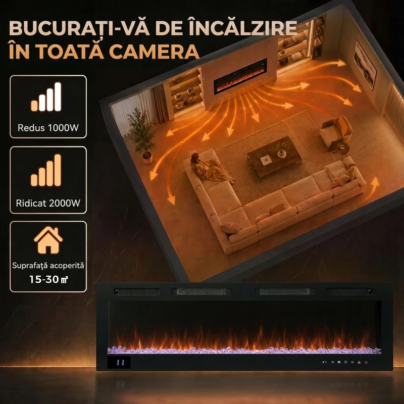 HOMCOM Șemineu Electric Încastrabil cu Flacără Independentă, 3 Moduri de Încălzire și Telecomandă, 152,4 x 9,4 x 47 cm, Negru