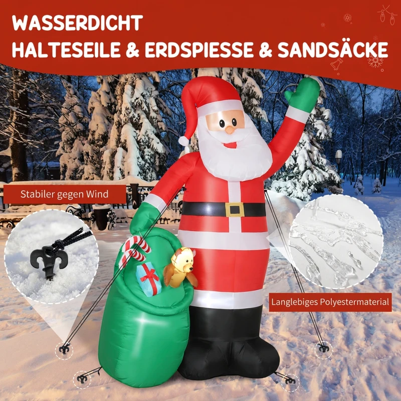 Outsunny Opblaasbare kerstman 275 cm met zak en beer, kerstdecoratie met ingebouwde ledverlichting