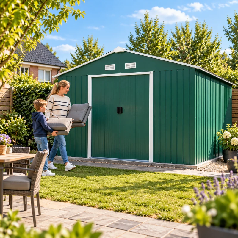 Outsunny Berging, weerbestendig tuinhuis voor tuingereedschap, met ventilatieramen, schuifdeuren, staal, Donkergroen(m-13)