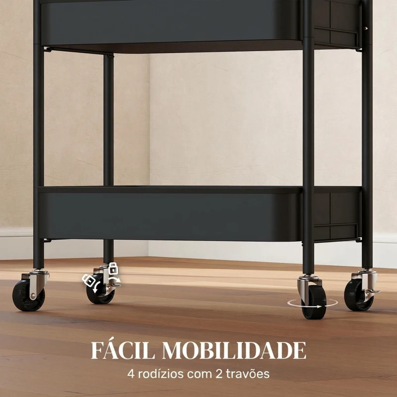 HOMCOM Carrinho Auxiliar com Rodas de 3 Níveis, Carrinho de Cozinha com 3 Cestos e 2 Pegas, 45x30,6x79 cm, Preto