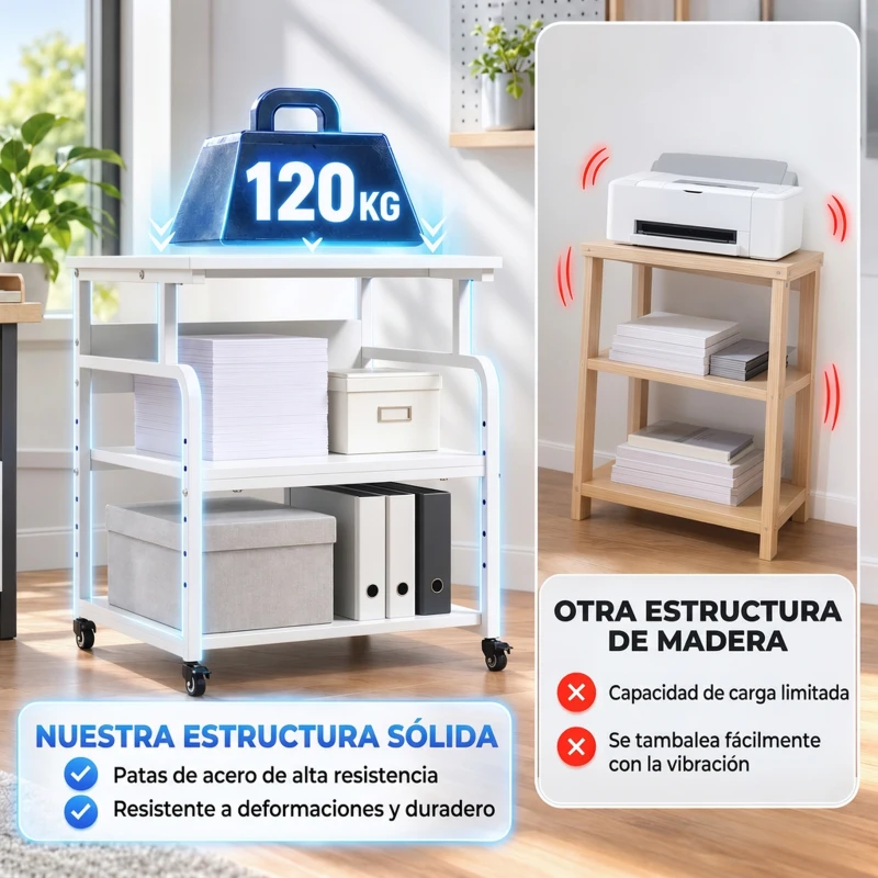 HOMCOM Soporte para Impresora con Ruedas 3 Niveles y Estante Ajustable 60x50x68 cmBlanco