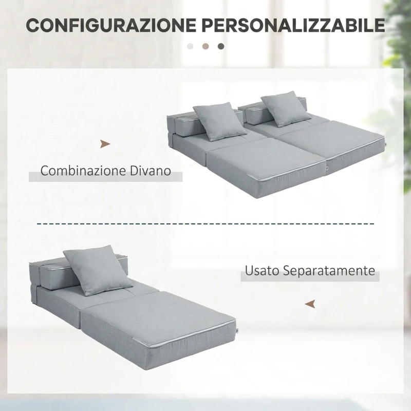 HOMCOM Divano Letto, con Cuscino Lavabile, Tessuto Effetto Lino Traspirante per Casa Lettura, Grigio Chiaro