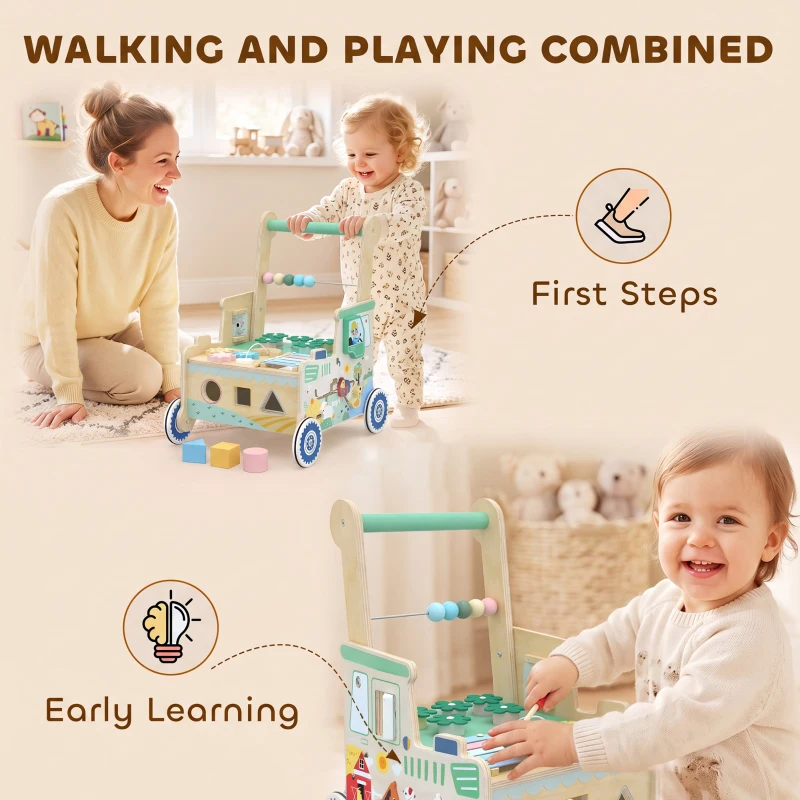 AIYAPLAY Wooden Baby Walker for 1-3 Year, Montessori Inspired Push Along Walker Toys, Multifunctional Activity Centre