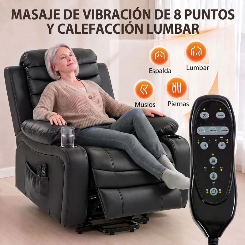 HOMCOM Sillón Relax Reclinable Eléctrico Levanta Personas con Masaje Vibratorio y Calor Puerto USB Control Remoto Negro