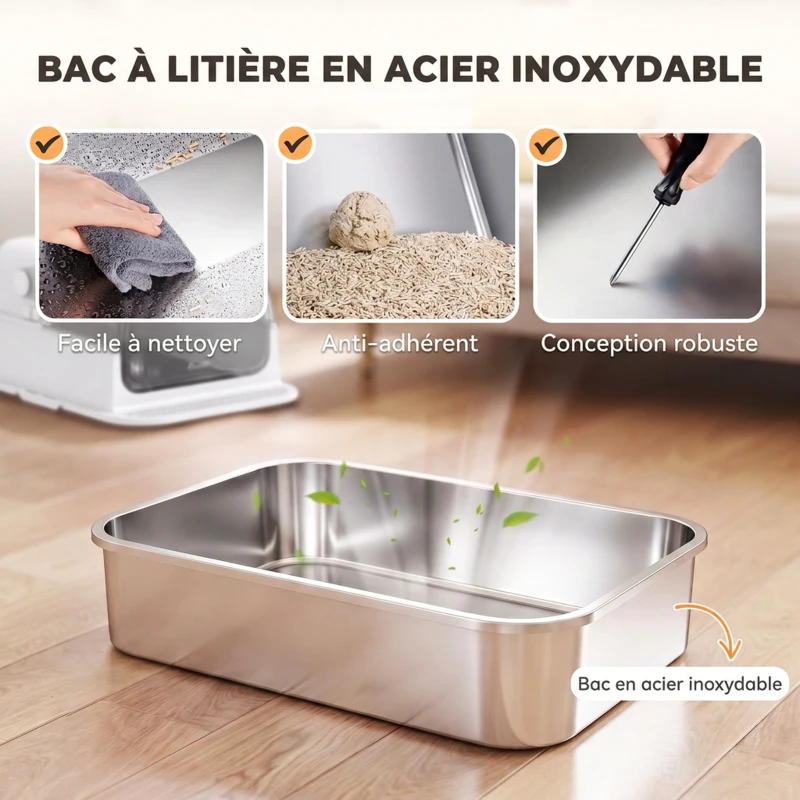 PawHut Bac à Litière pour Chat en Acier Inox avec Couvercle 3 en 1 Bords Hauts Pelle et Sacs Anti-Odeur XL 70x50x46cm Blanc