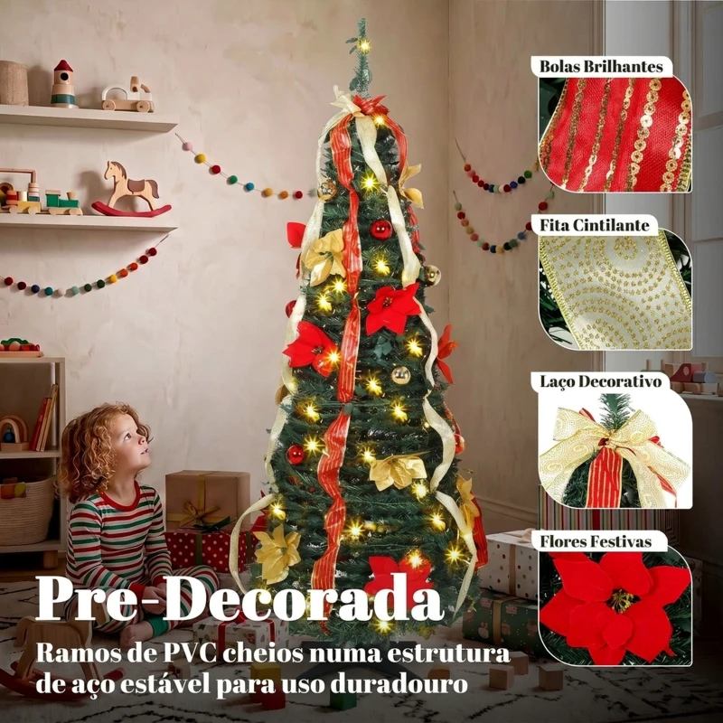 HOMCOM Árvore de Natal Desdobrável 150 cm com 70 Luzes LED, 11 Modos, Comando à Distância e Decoração Incluída, Verde