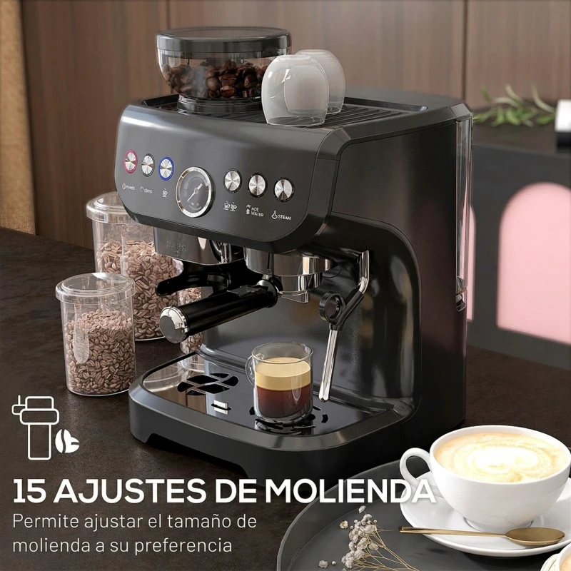 HOMCOM Cafetera Espresso 15 Bares 1600W con Molinillo de 15 Niveles y Vaporizador de Leche para Capuchino y Latte Negro