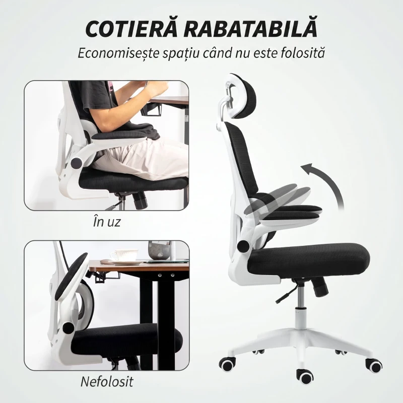 HOMCOM Scaun Ergonomic de Birou cu Înălțime Reglabilă, Brațe Rabatabile și Tetieră, 62x61x112-120 cm, Negru