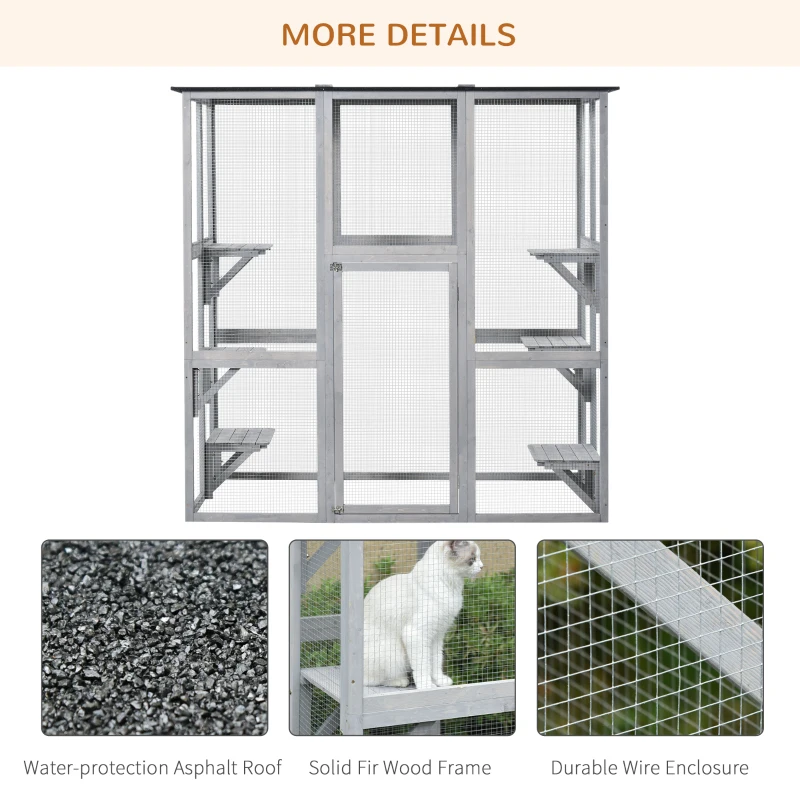 PawHut Wooden Catio Cat Outdoor Enclosure, Cat Cage with Waterproof Roof, Platforms, for Multiple Kittens, 180 x 98 x 180 cm