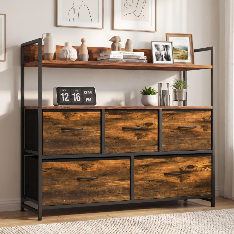 HOMCOM Chest of Drawers, Bedroom Fabric Dresser with 5 Drawers, Storage Organiser Unit with Open Shelves, Rustic Brown
