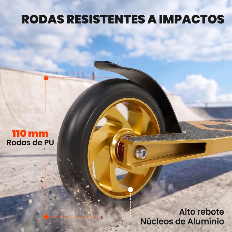 SPORTNOW Trotinete Acrobática para Truques com Plataforma em Alumínio, Rolamentos ABEC-7, Rodas 110 mm e Guiador 360°, Dourado