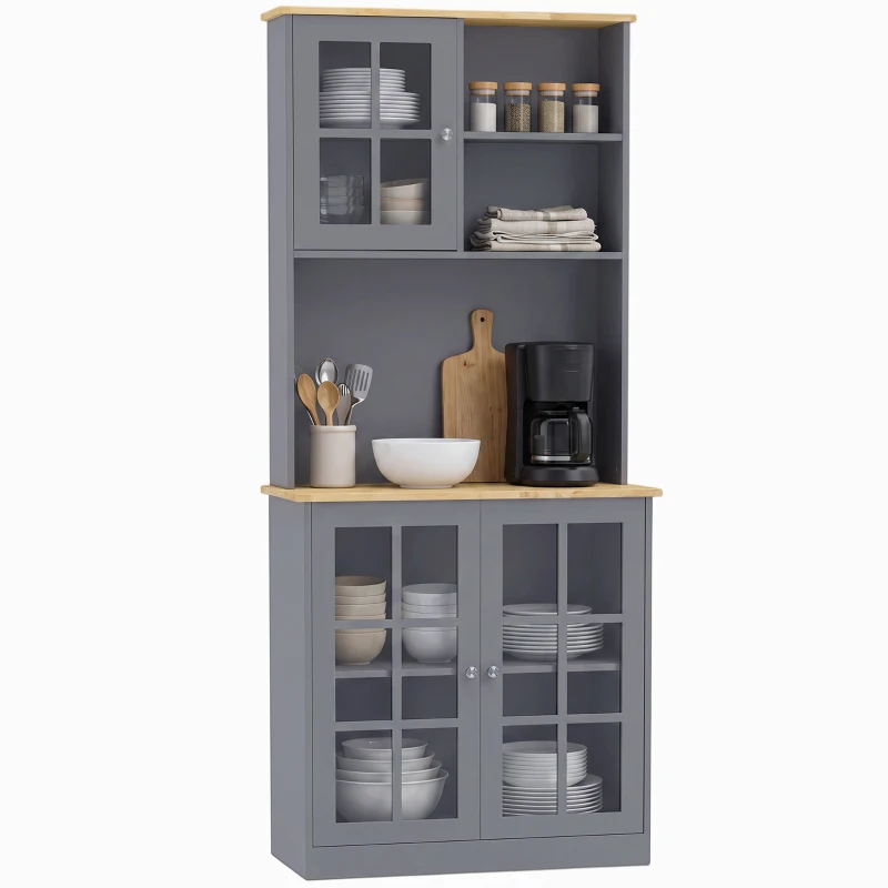 HOMCOM Kitchen Pantry, Buffet Hutch with 3 Storage Cabinets, 2 Open Shelves and Large Countertop for Kitchen, Grey