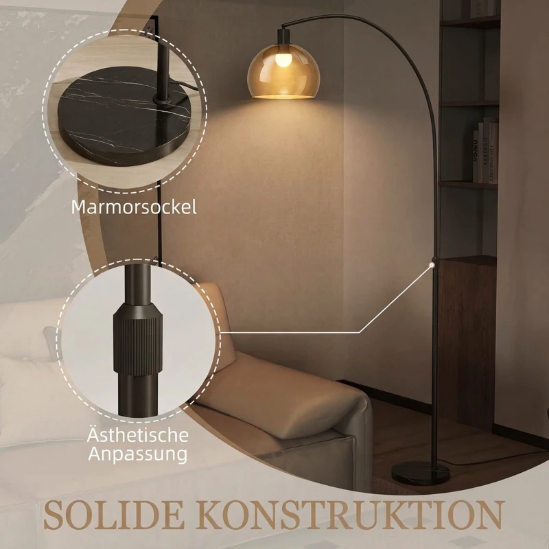 HOMCOM Stehlampe, gebogener Kopf, Fußschalter, Marmorsockel, Kunststoffschirm, Grau