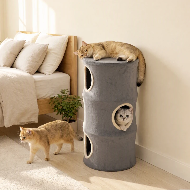 PawHut Cat House for Indoor Kittens, Cat Condo with Removable Washable Cover, Modern Barrel-Shaped Kitty Cave Bed