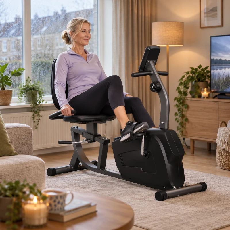 SPORTNOW Hometrainer, magnetische ligfiets, 8 weerstandsniveaus, verstelbaar, LCD-monitor, metaal, kunststof, zwart