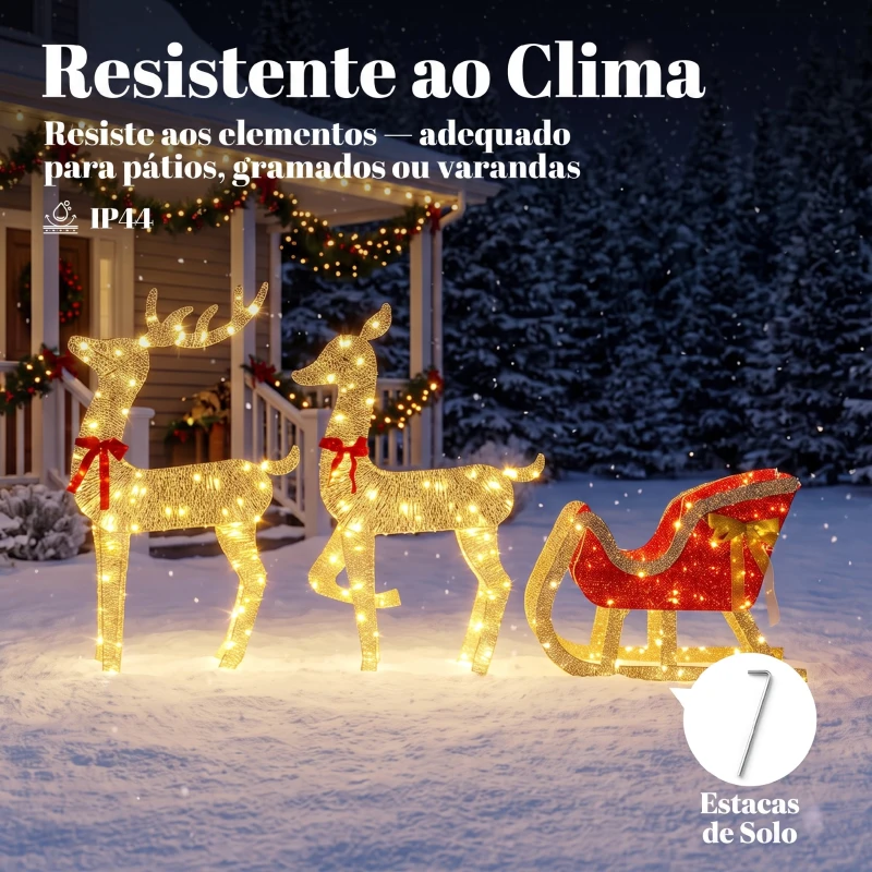 Outsunny Conjunto de 3 Peças com Renas de Natal Iluminadas, 200 LED Branco Quente, 8 Modos e Temporizador Diário
