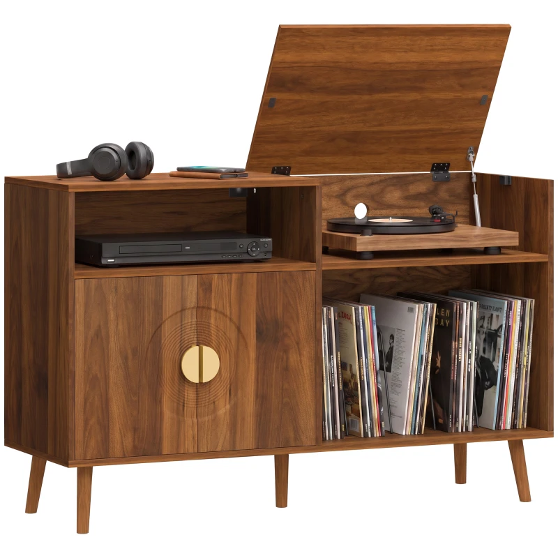 HOMCOM Record Player Stand, Vinyl Record Holder with Storage Holds Up to 300 Albums with Flip-Top Compartment, Walnut