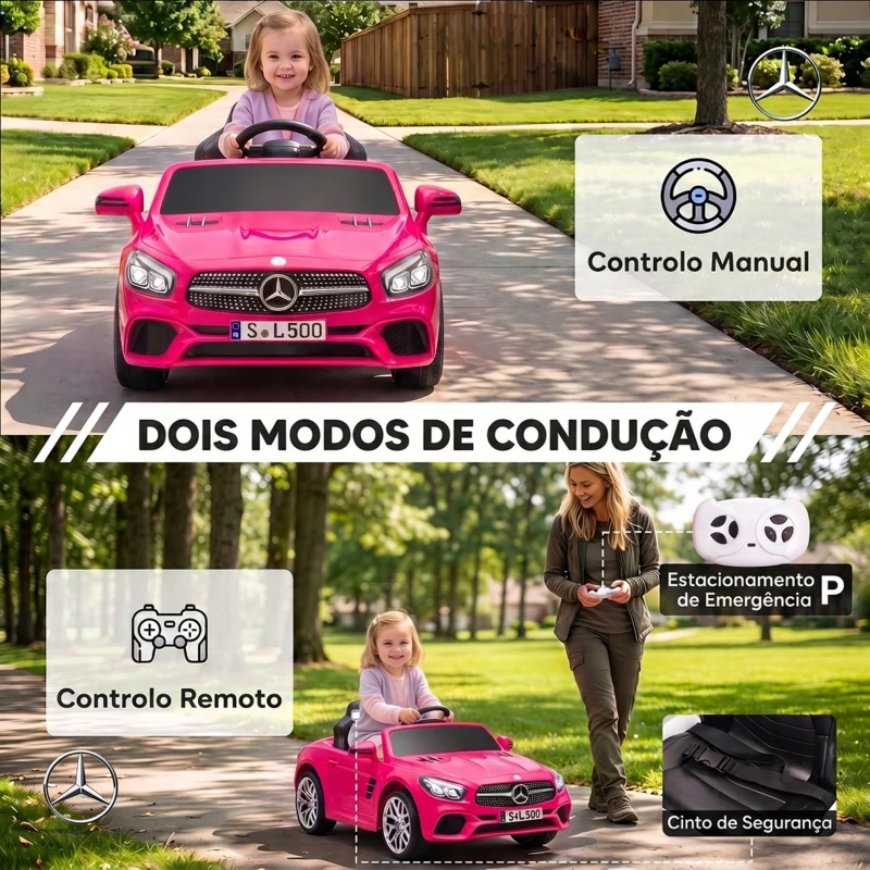 AIYAPLAY Carro Elétrico Infantil Mercedes-Benz SL500 12 V com Controlo Remoto 2,4 GHz, 2 Motores, Suspensão e Arranque Suave, Rosa