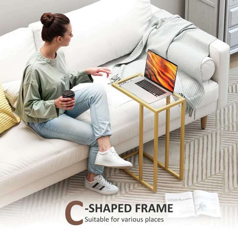HOMCOM C-Shaped Side Table, Modern Slim End Table with Tempered Glass Tabletop, Steel Frame for Small Space, Living Room, Bedroom, Gold Tone