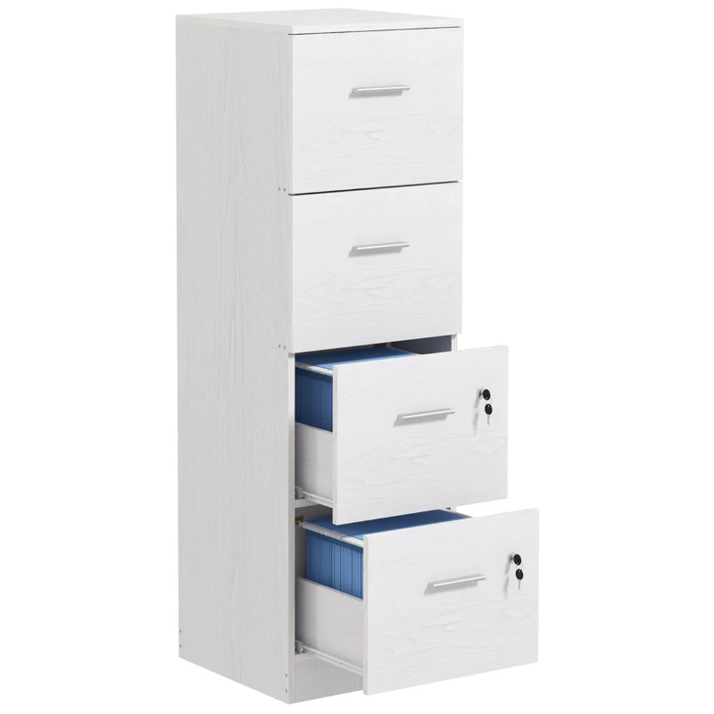 HOMCOM Caisson de bureau 4 tiroirs Serrures Barres réglables pour dossiers A4 et format lettre 40x42x130,8 cm Blanc