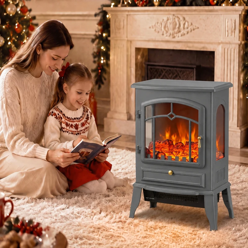 HOMCOM Electric Fireplace Stove, 1000/2000W 3-Sided Freestanding Fireplace Heater with 3D Flame Log, Thermostat, Grey
