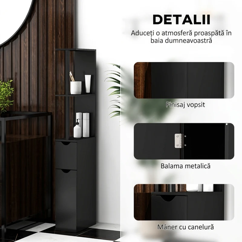 kleankin Coloană pentru baie cu 2 rafturi și 2 dulapuri, mobilier înalt și compact pentru baie, 15,2x29,8x118 cm, negru