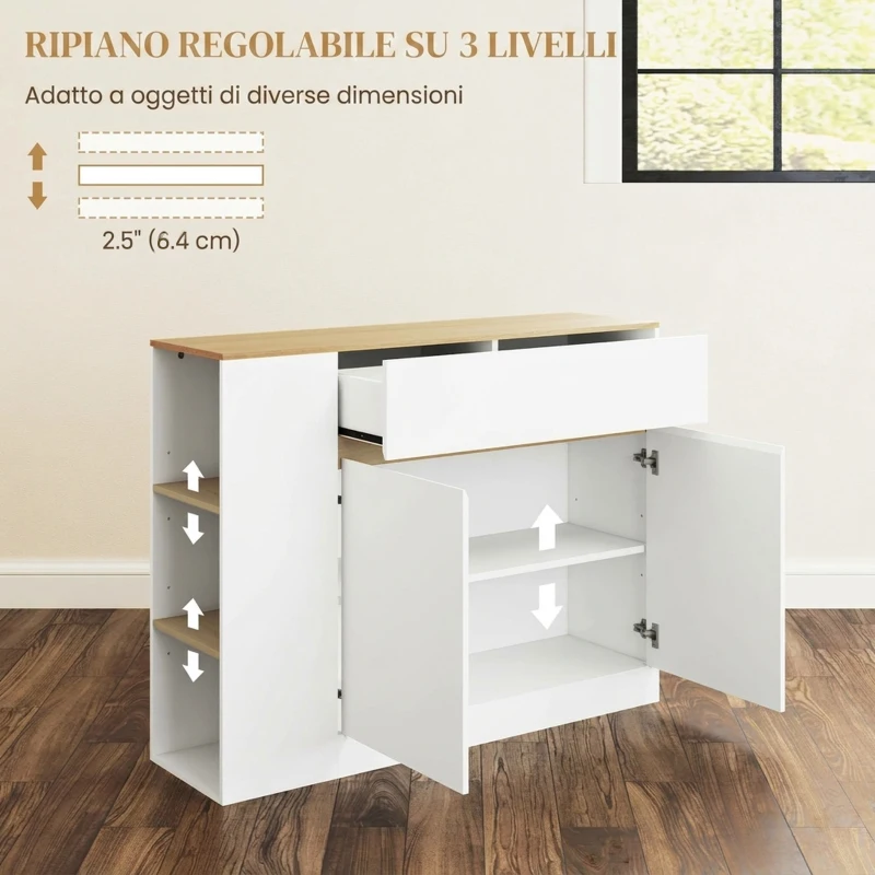 HOMCOM Credenza Cucina con 2 Ante, Ripiano Regolabile, 2 Cassetti, 3 Scomparti Aperti, 106x30x81.2 cm, Bianco