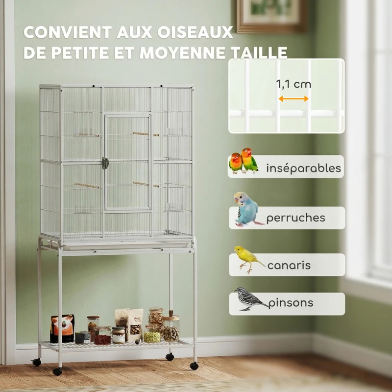 PawHut Cage à Oiseaux Portable avec 4 Mangeoires et 4 Perchoirs Pratique 81 x 48 x 162,5 cm Blanc