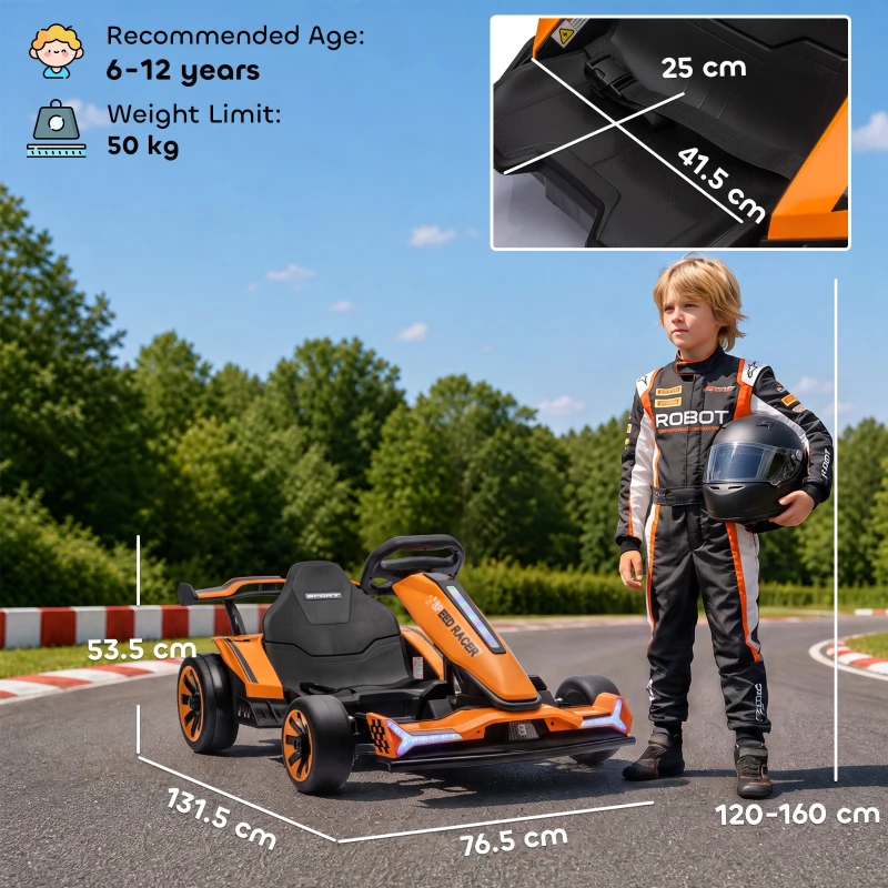 AIYAPLAY 24V Electric Go Kart for Kids 6-12 Years with Drift Mode, Adjustable Seat, 3 Speed, Slow Start, Orange