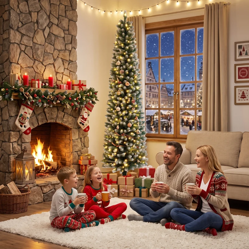 HOMCOM Árvore de Natal Estreita Pré-iluminada 180 cm, LEDs de Dupla Cor, Efeito Nevado, Comando, 11 Modos, 351 Pontas, 170 LEDs, Verde/Branco