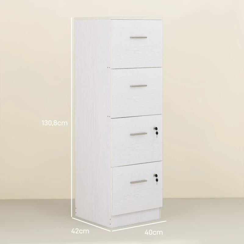 HOMCOM Schubladenschrank für Schreibtisch mit 4 Schubladen, abschließbar, verstellbare Leisten für A4- und Letter-Formate, 40x42x130,8 cm, Weiß