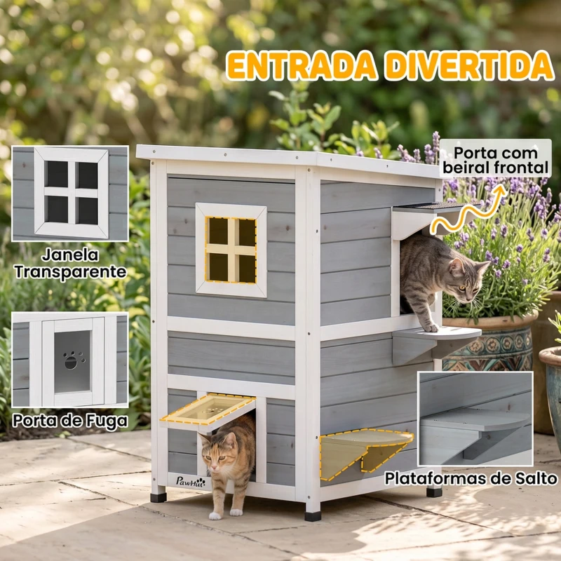 PawHut Casota Exterior para Gatos em Madeira de 2 Níveis com Telhado Basculante, Plataformas de Salto e Portas, 51x51x81,3 cm, Cinzento