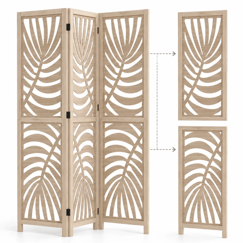 HOMCOM Paravent interieur en bois 4 panneaux 160 x 170 cm, pliable et portable, motif de feuille, design amovible, bois naturel