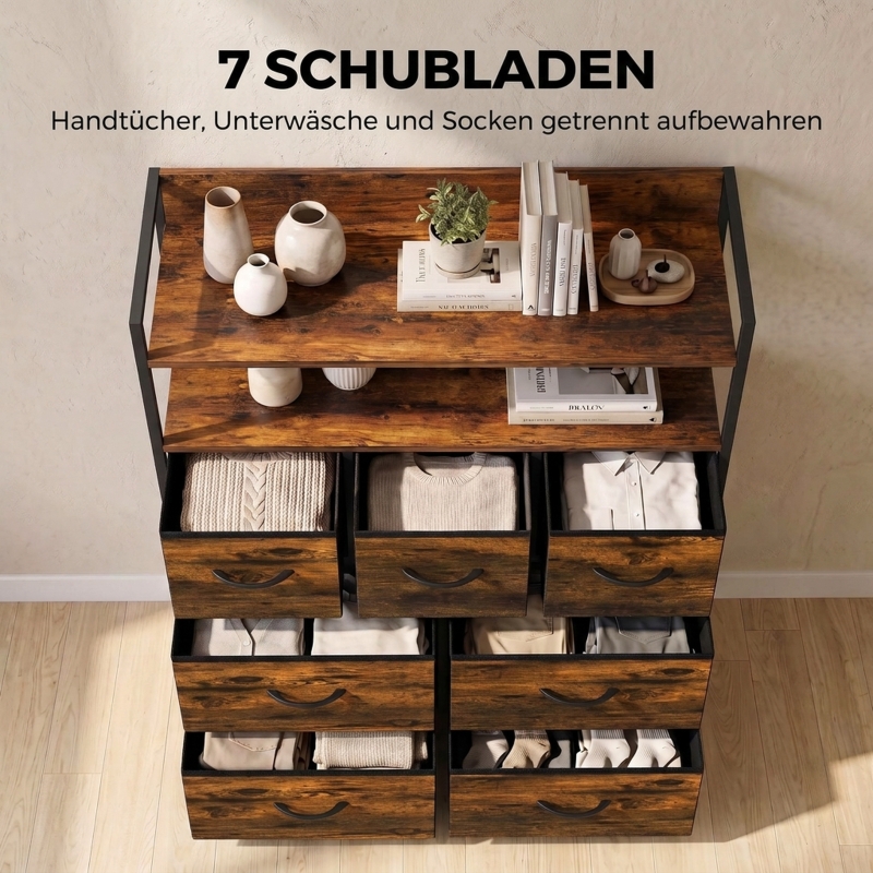 HOMCOM Schlafzimmer Kommode mit 7 Schubladen und Stahlrahmen, Stoffkommode in  Rustikal-Braun