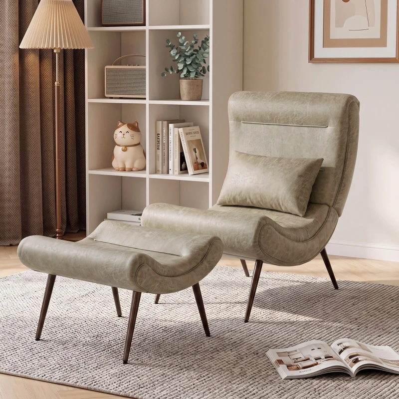 HOMCOM Cadeirão Retro com Apoia-pés em Leathaire e Almofada Lombar, Branco Creme