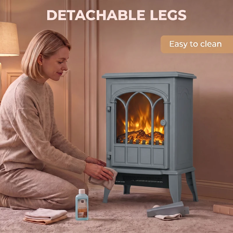 HOMCOM Freestanding Electric Fireplace, Electric Log Burner with LED Flame Effect, Overheating Safety System, 1000W/2000W Grey