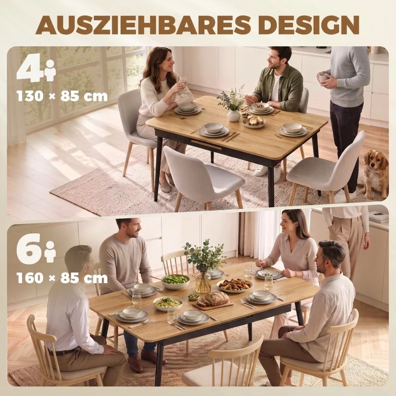 HOMCOM Uitschuifbare Eettafel 130-160 cm, Keukentafel met Afgeronde Hoeken, Eiken