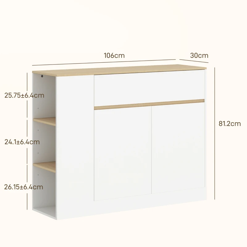 HOMCOM Bufet de Bucătărie cu 2 Uși, Raft Reglabil, 2 Sertare și 3 Compartimente Deschise, 106x30x81,2 cm, Alb