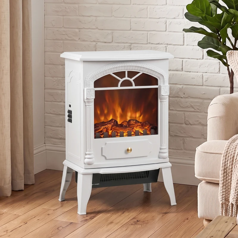 HOMCOM Freestanding Portable Fireplace, Electric Fireplace Stove Heater with 3D Flame Effect and Adjustable Thermostat, White
