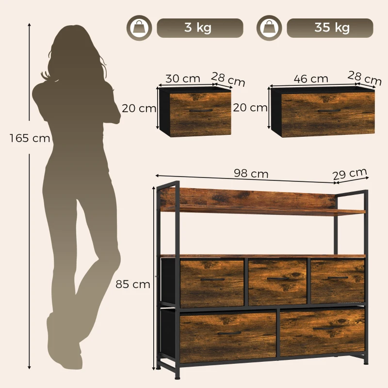 HOMCOM Chest of Drawers, Bedroom Fabric Dresser with 5 Drawers, Storage Organiser Unit with Open Shelves, Rustic Brown