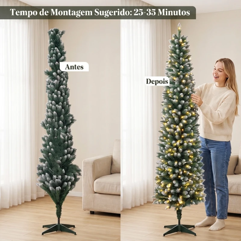 HOMCOM Árvore de Natal Estreita Pré-iluminada 180 cm, LEDs de Dupla Cor, Efeito Nevado, Comando, 11 Modos, 351 Pontas, 170 LEDs, Verde/Branco