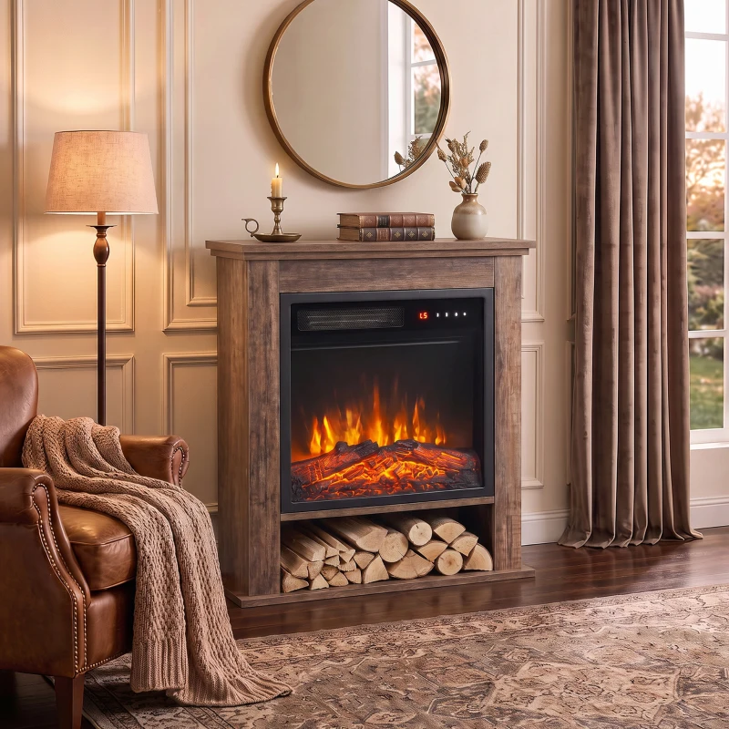 HOMCOM Electric Fireplace Suite with Shelf, 25" 1800W Electric Fire and Surround with LED Flame, 5 Brightness, Remote, Oak