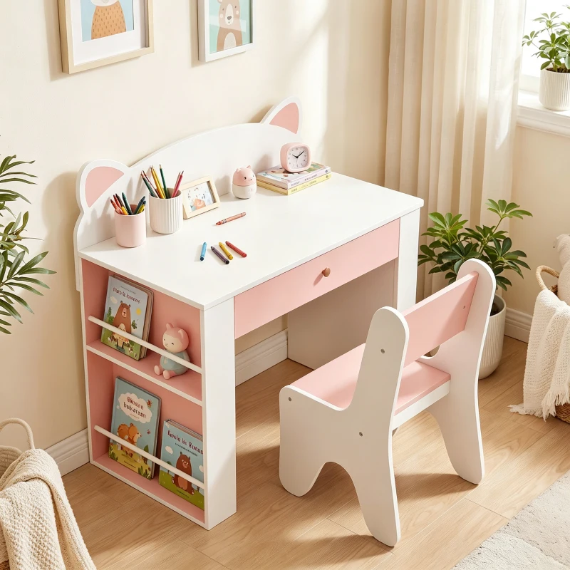 AIYAPLAY Bureau et Chaise pour Enfant 2 Pièces, Ensemble Table d'Activité, Tiroir, Bibliothèque pour Dessin, Lecture, Blanc Rose