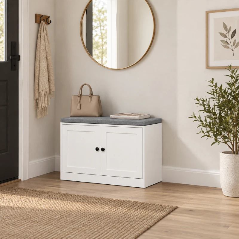 HOMCOM Schuhbank mit gepolstertem Kissen, 80x35.5x52.5 cm, Weiß