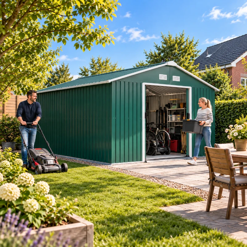 Outsunny Berging, weerbestendig tuinhuis voor tuingereedschap, met ventilatieramen, schuifdeuren, staal, Donkergroen(m-2)
