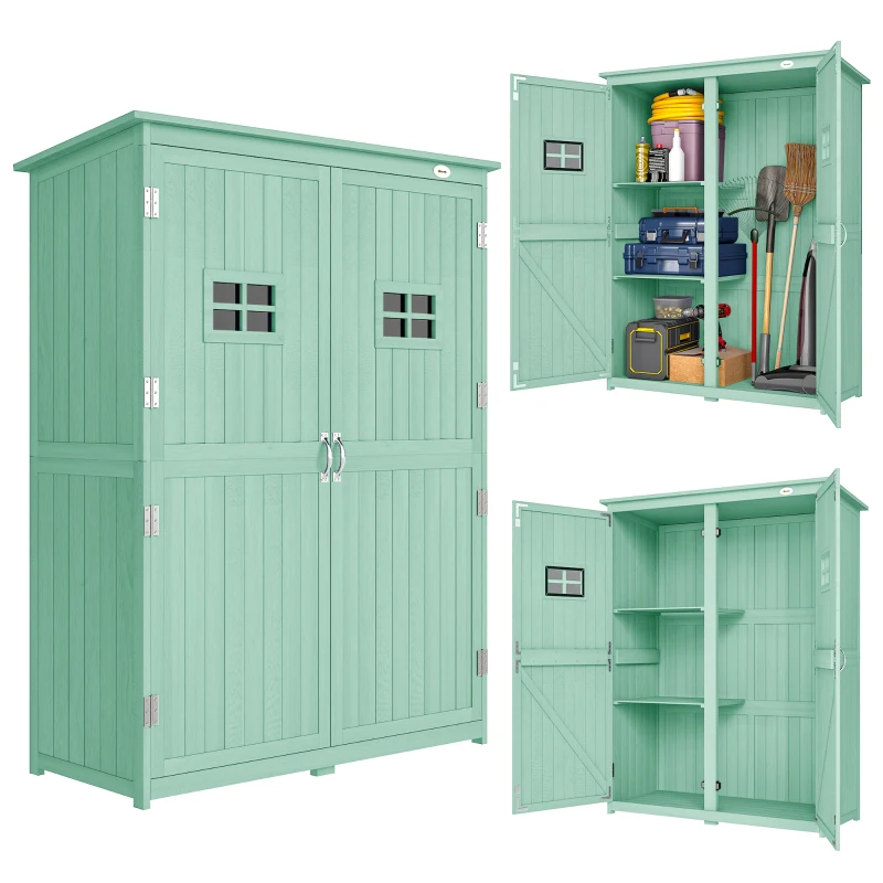 Outsunny Wooden Garden Shed with Two Windows, Tool Storage Cabinet, Outdoor Double Door organiser 127.5W x 50D x 164H cm, Green