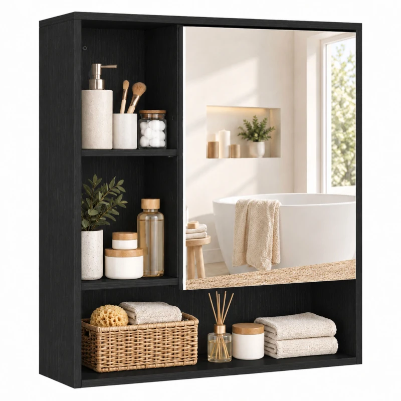 HOMCOM Bathroom Mirror Cabinet, Wall-Mounted Bathroom Cabinet with Mirror Door, Adjustable Shelves, Black