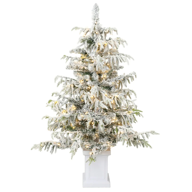 HOMCOM 4ft Prelit Flocked Christmas Tree, Artificial Snow Flocked Spruce with 160 Warm White LED Lights, 8 Modes, Green